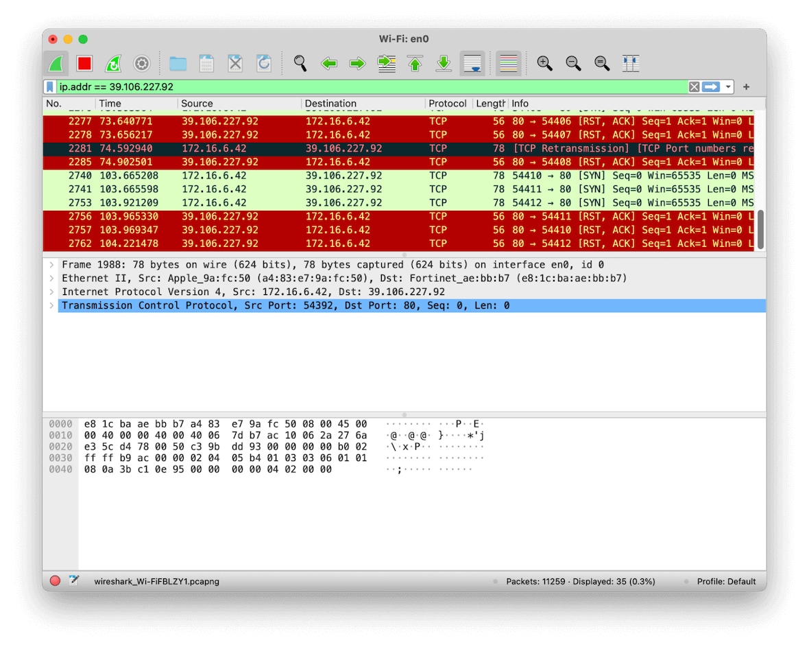 The result of connecting to a remote server using the Wireshark utility