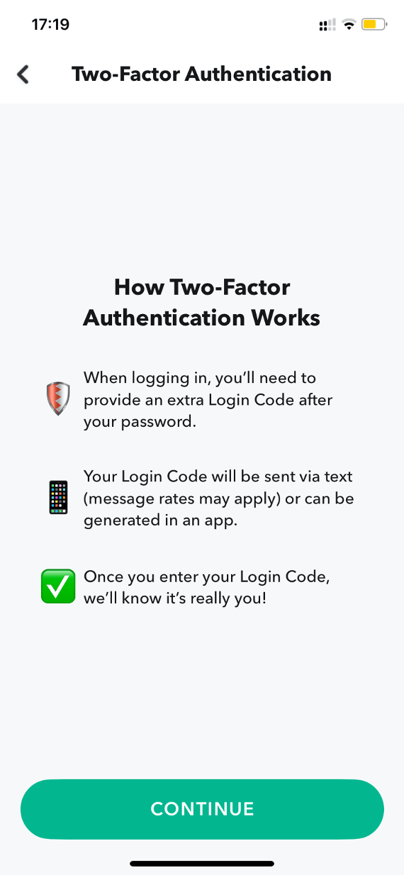 Active Snapchat Two-Factor Authentication: Screenshot 2