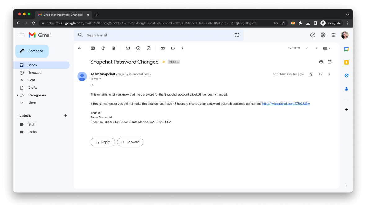 Email notice Snapchat password changed: Screenshot