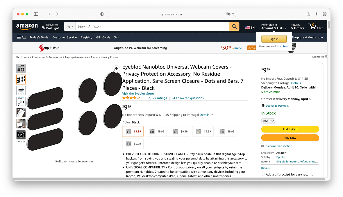 Eyeblock Nanobloc Univeral Webcam Cover on Amazon: Screenshot