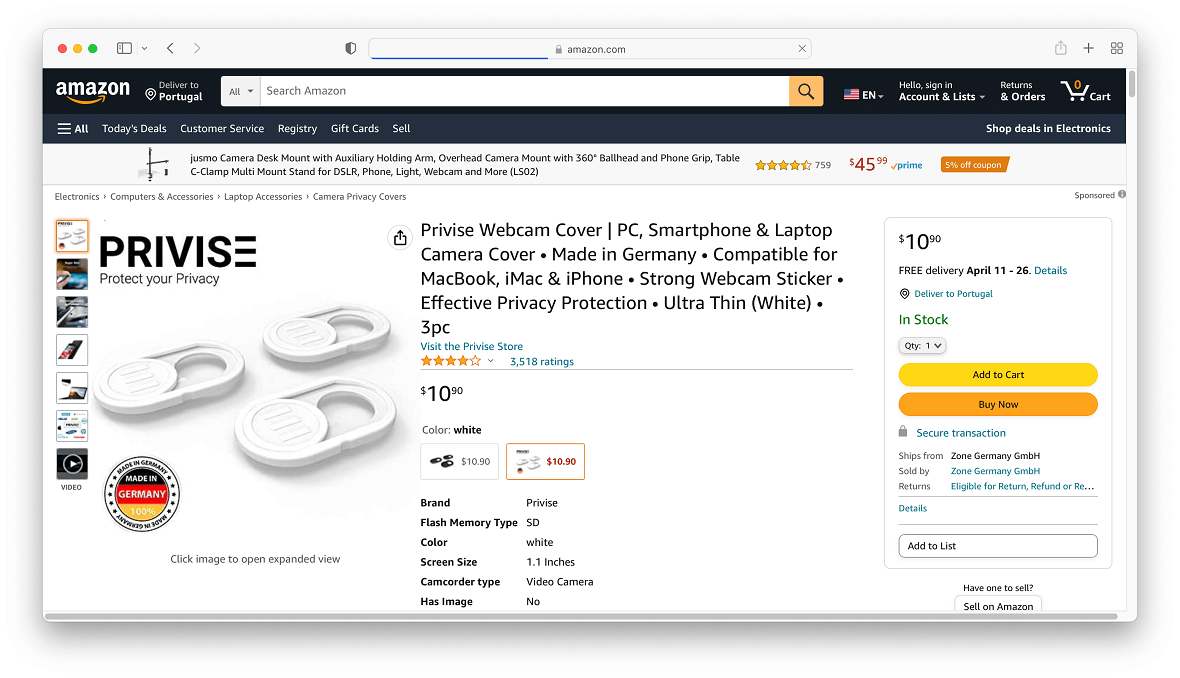 Privise Webcam Cover All White on Amazon: Screenshot