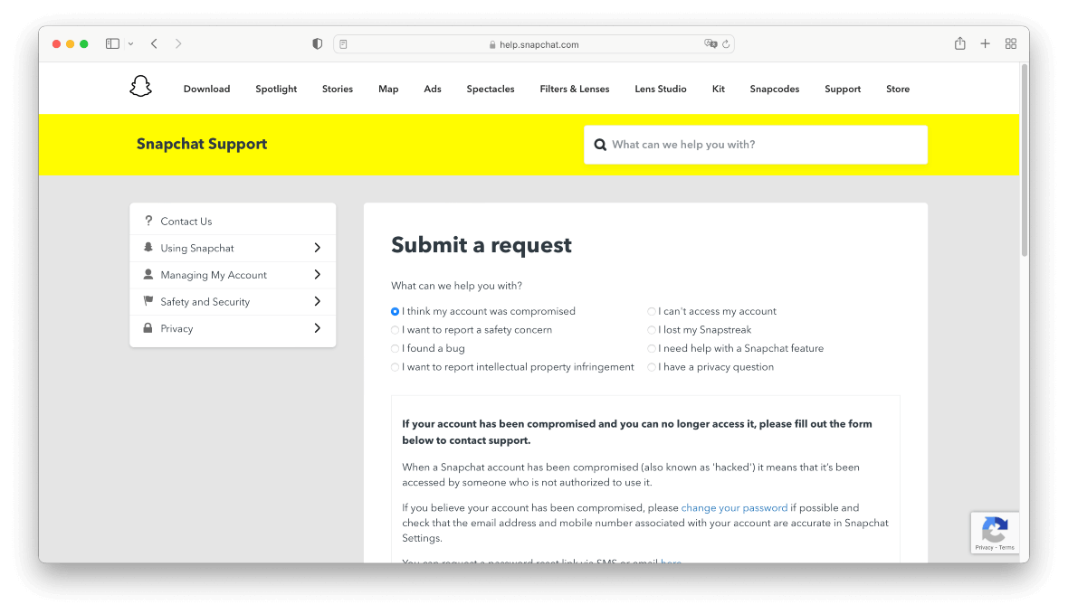 Contact support to recover hacked and locked Snapchat account: Screenshot