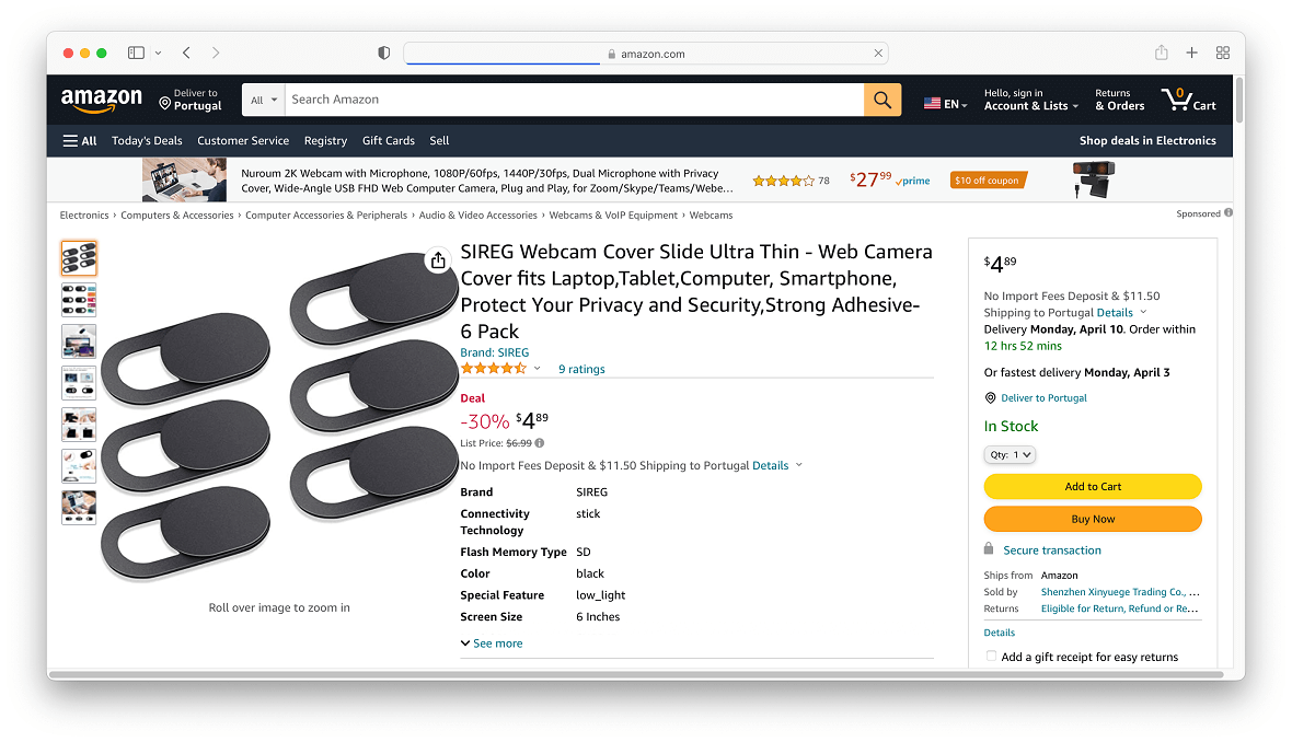 SIREG Webcam Cover Ultra Thin on Amazon: Screenshot