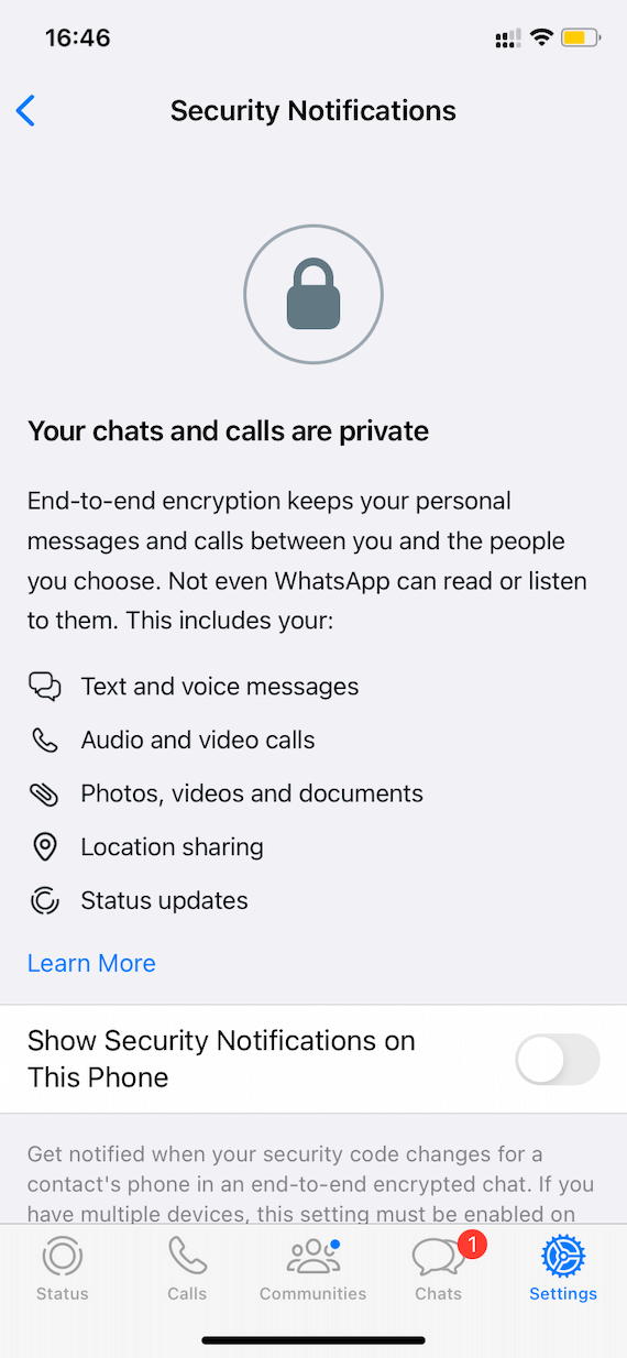 Whatsapp uses end-to-end encryption: Screenshot 2