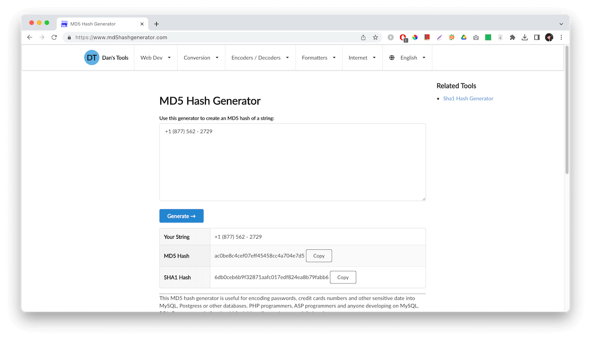 An online hash generator MD5