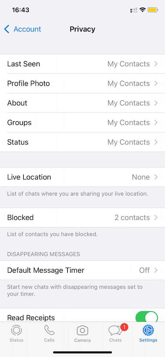 Whatsapp privacy settings: Screenshot 1