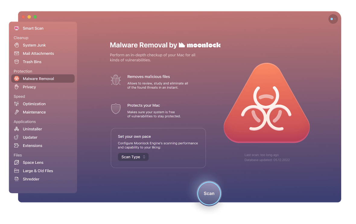 An image of the Malware Removal module in CleanMyMac X, powered by Moonlock Engine.