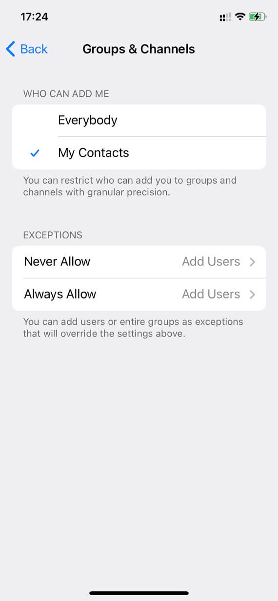 Set who can add you to Telegram groups without your permission: Screenshot 2