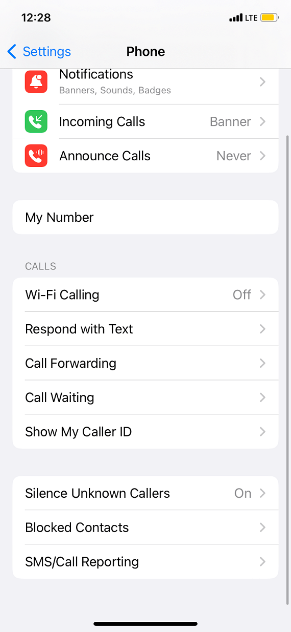 Screenshot of first step taken on iPhone to silence unkown callers