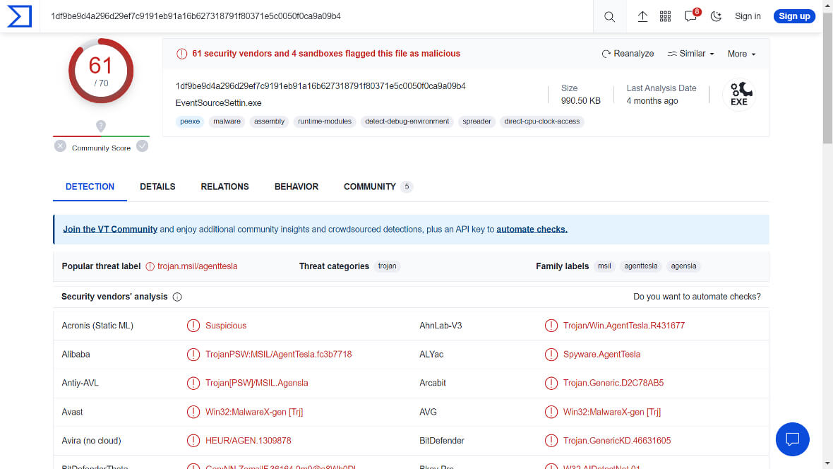 Screenshot of VIrusTotal showing distribution of the XLoader malware.