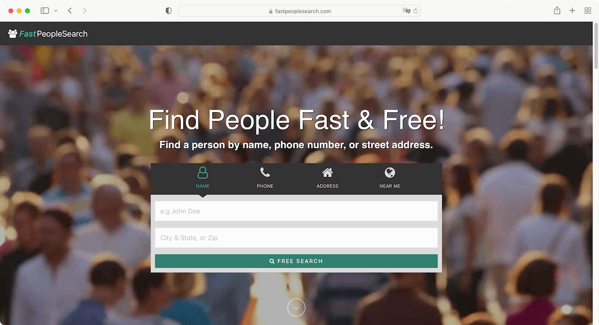 Screenshot of the Fast People Search homepage