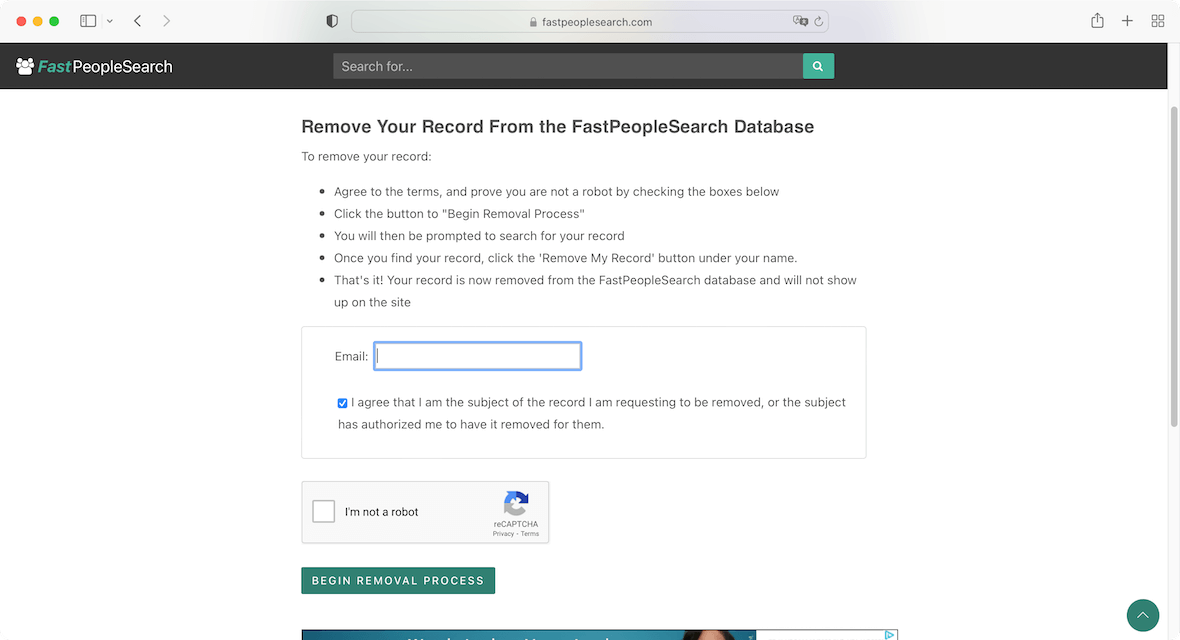 Screenshot of the Fast People Search removal page