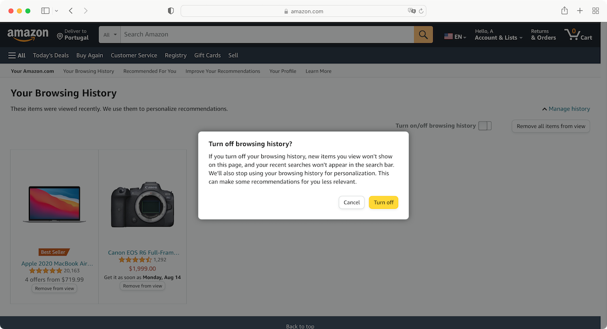 Screenshot: How to turn off Amazon browsing history