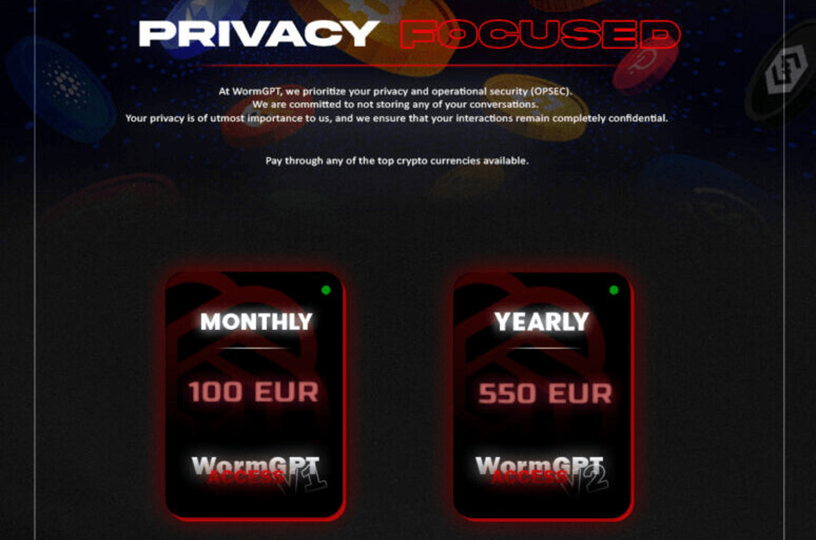 Screenshot of a banner promoting WormGPT being sold online for 500 euros.