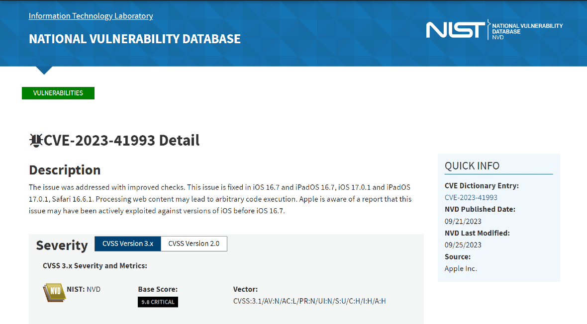 Screenshot of the The U.S. National Vulnerability Database for CVE-2023-41993.