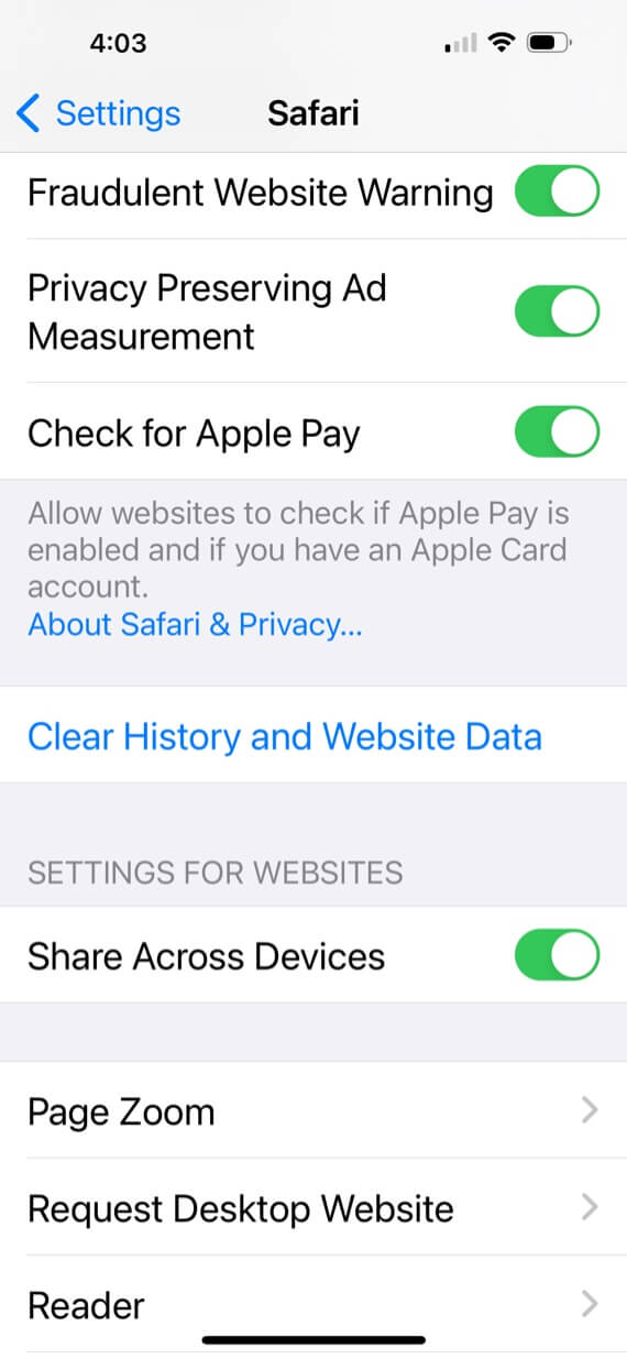 A screenshot showing how to clear browsing history and data on iPhone (part 2).