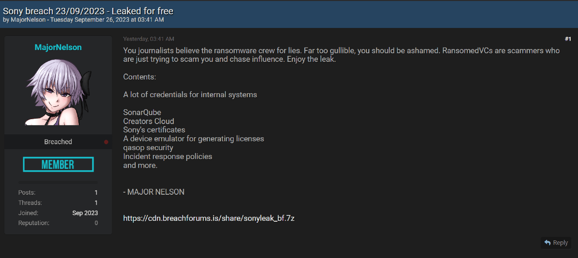 Screenshot of the post by hacker MajorNelson on the Sony 2023 Hack.