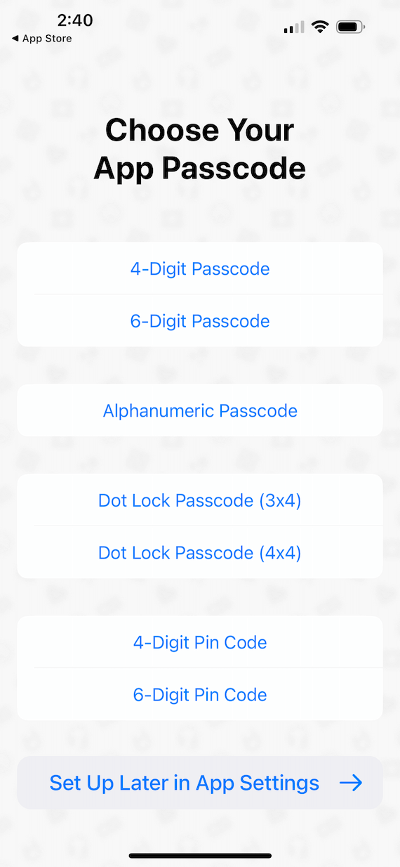 The SafeLock passcode setup screen.