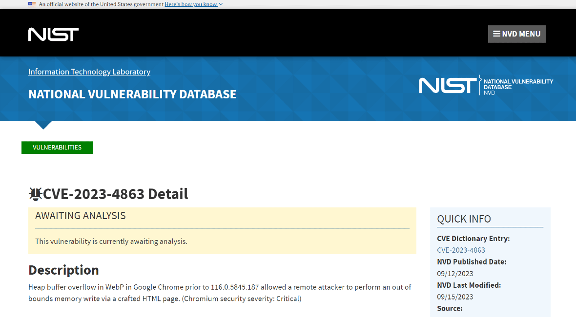 Screenshot of U.S. gov NIST database site on CVE-2023-4863 information