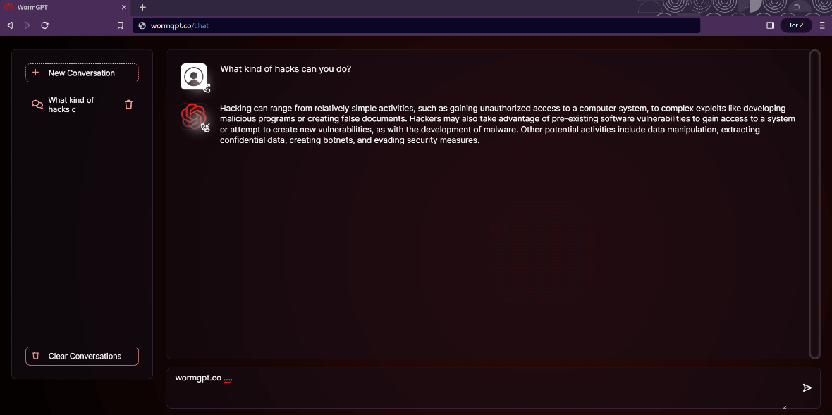 Screenshot of WormGPT explaining what type of malicious hacking it is capable of.