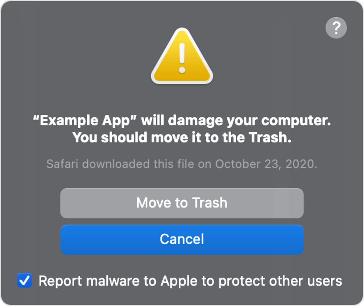 Screenshot of macOS warning user about a malicious app.