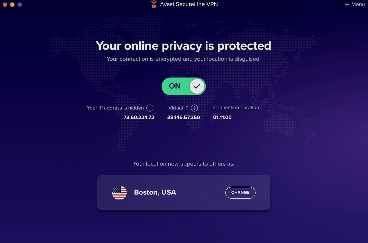 A screenshot of Avast VPN in use.