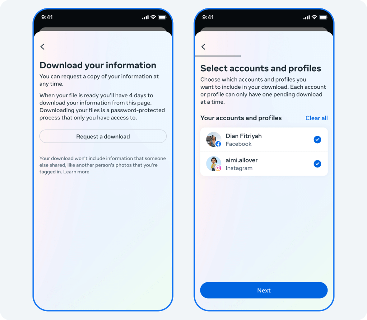 Screenshots of the new Download your Information Instagram feature.