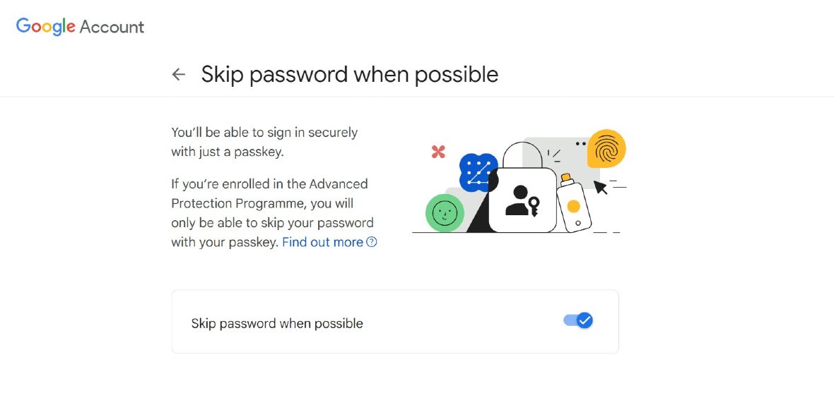 Screenshot: Enabling and disabling the Skip password when possible option for a Google Account.