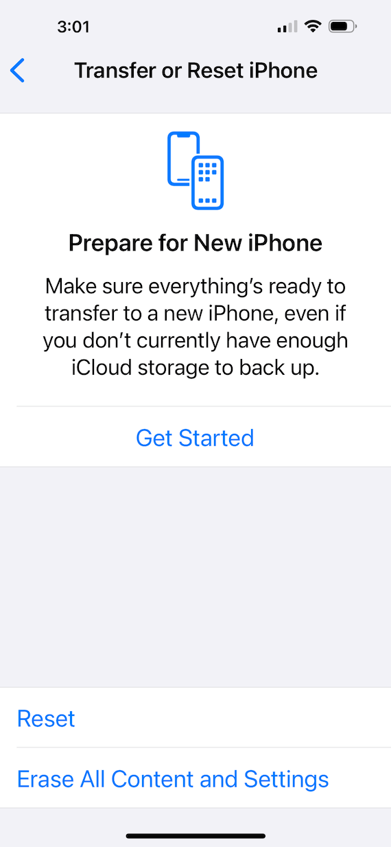 A screenshot of the Transfer or Reset iPhone screen.
