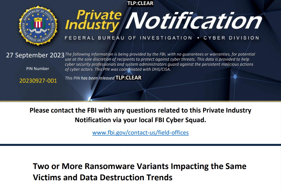 Screenshot of the FBI warning on September about double ransomware attacks.