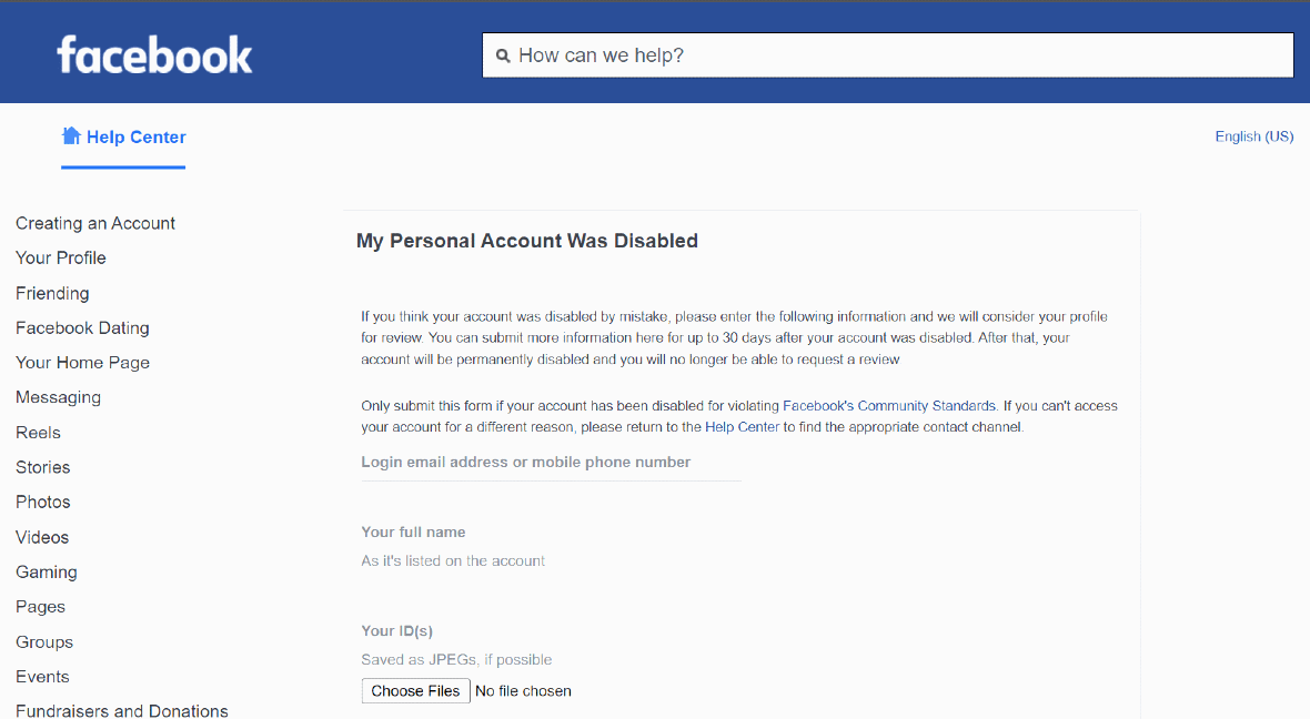 Screenshot of Facebook personal account disabled support form.