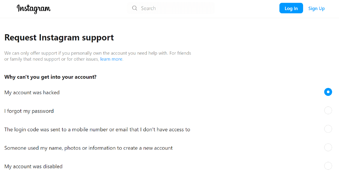 Screenshot of the Instagram account hacked support page.
