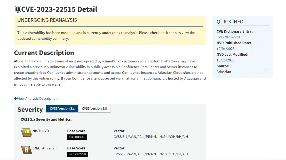 Screenshot of National Vulnerability Database Confluence CVE listing.