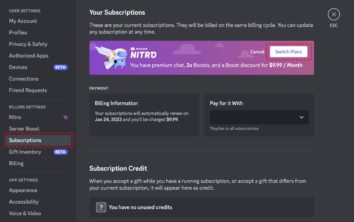 Screenshot of Discord Subscription of Nitro Boosts.