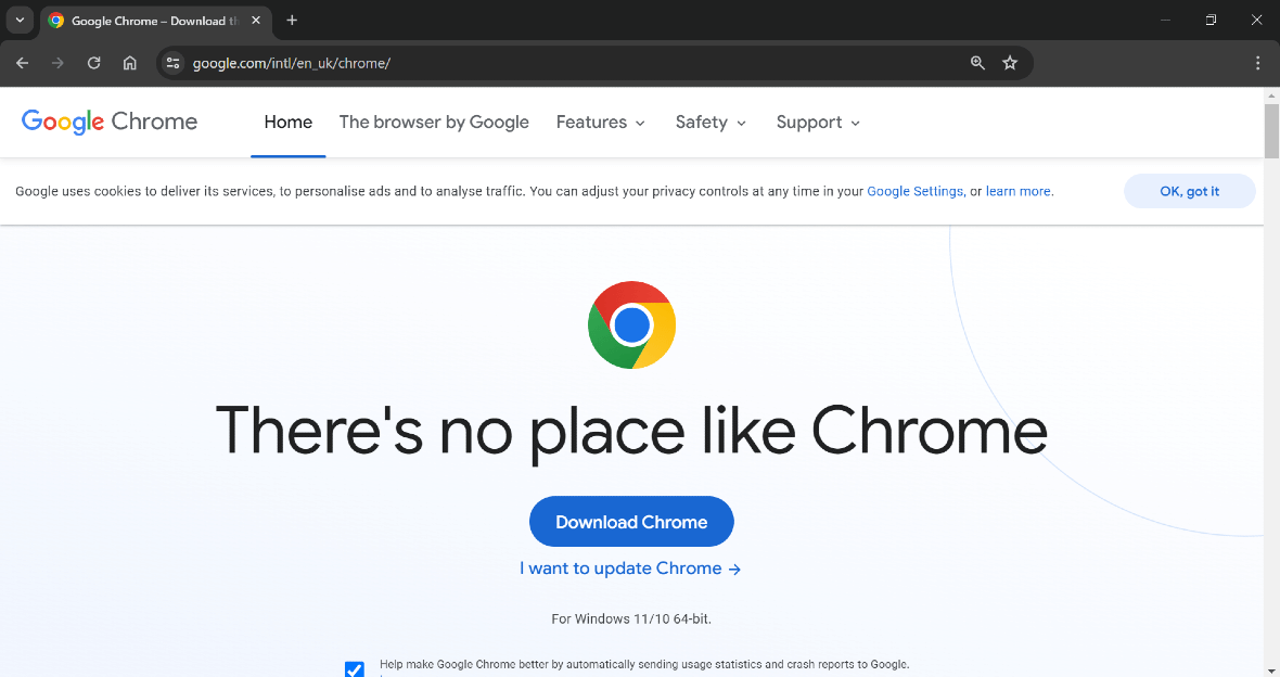 Screenshot of the the original UK Google Chrome Update page copied by fake update attackers.