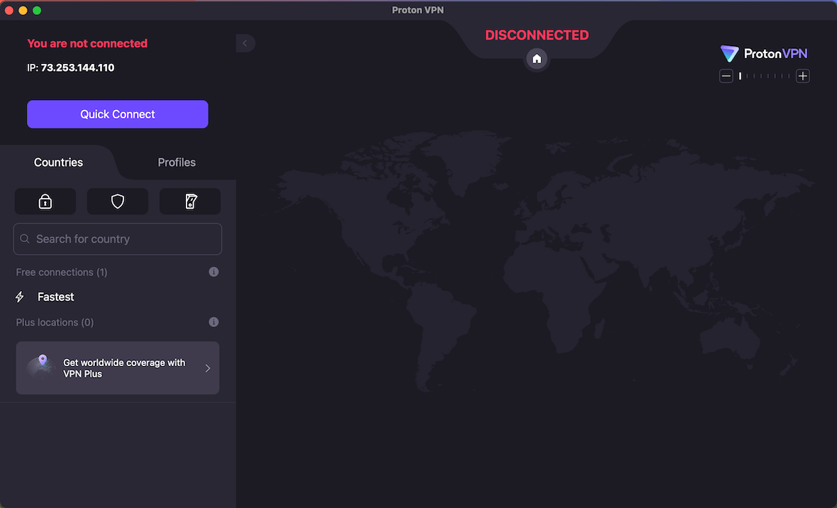 A screenshot of ProtonVPN in use.