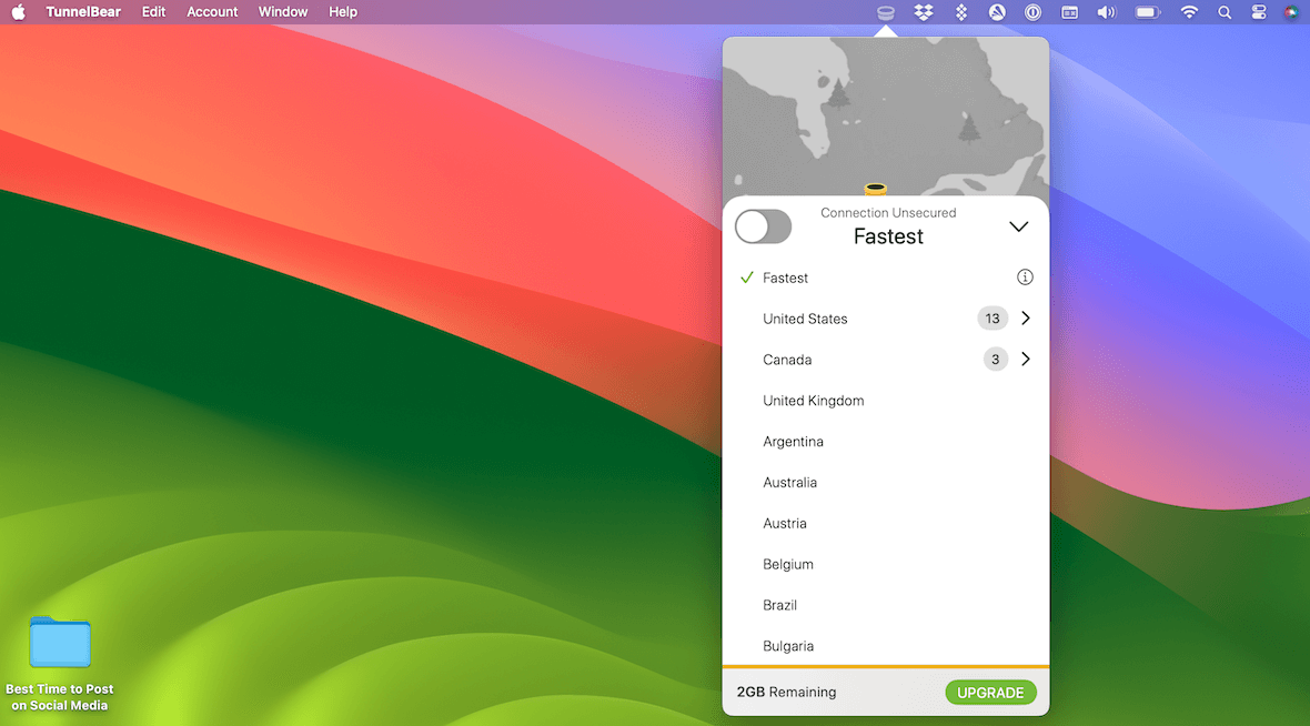 A screenshot of TunnelBear in use.