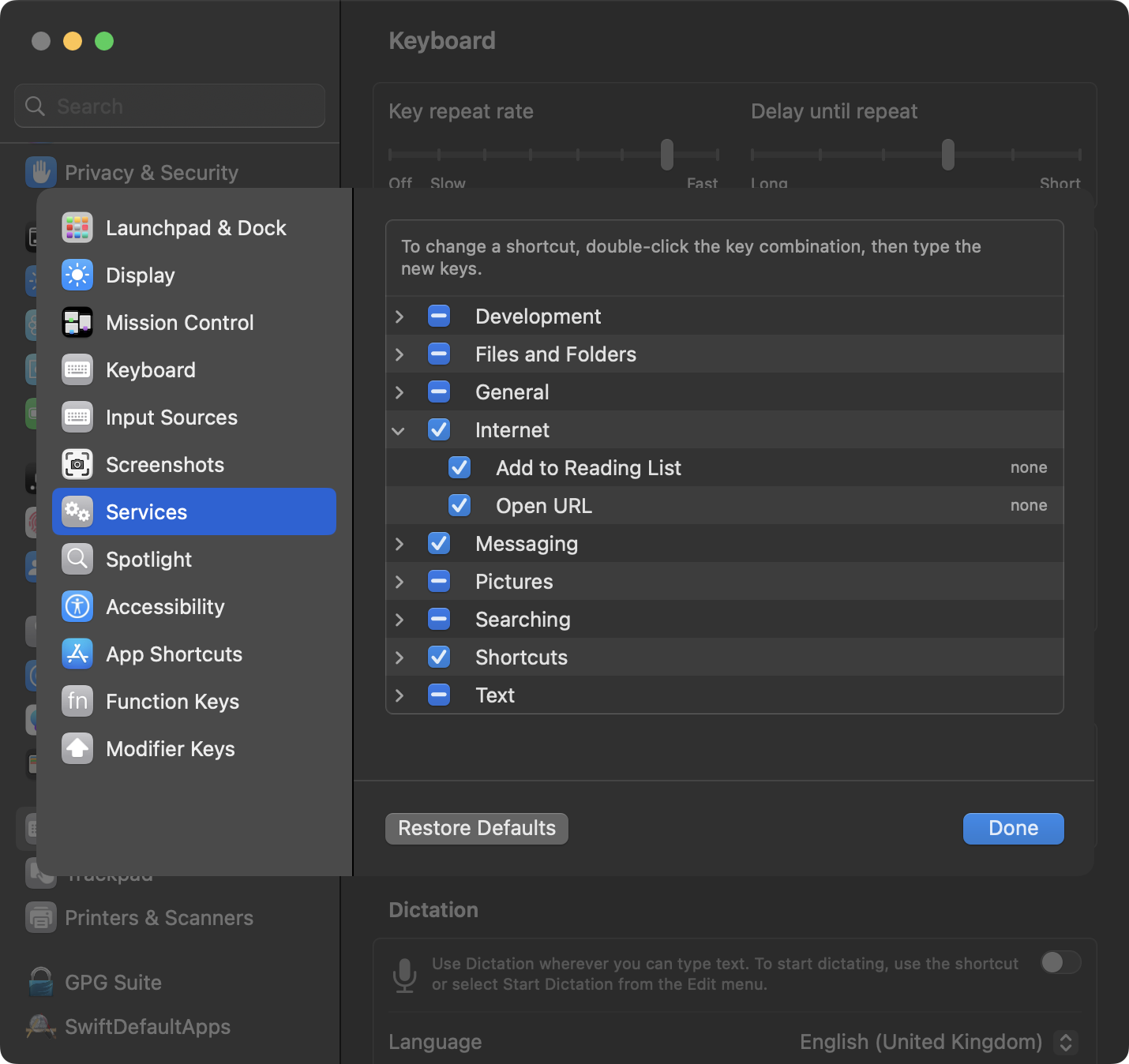 A screenshot of the macOS Services menu.