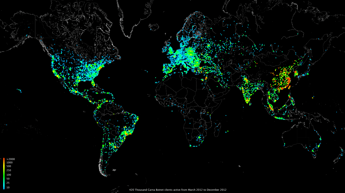 Image showing a global map revealing a botnet´s expansion.