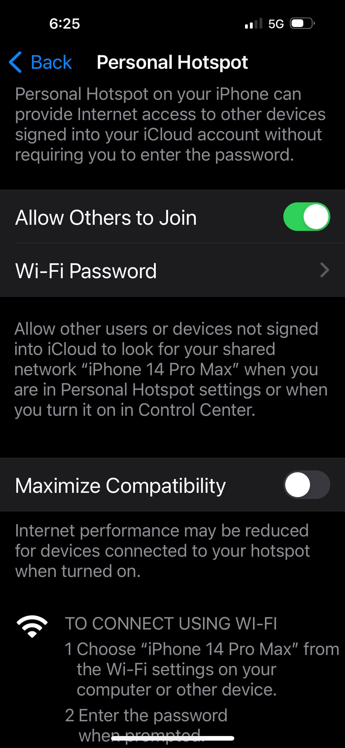 A screenshot showing how to us an iPhone used as a hotspot.