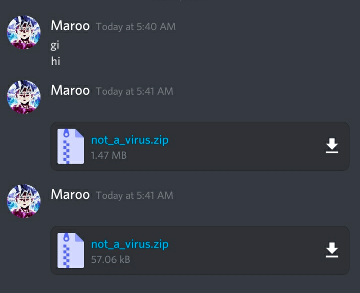 A screenshot of a malware attachment file Discord.