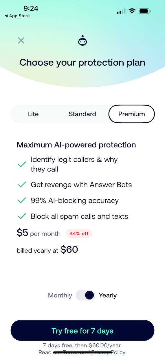 A screenshot of the protection plan screen on the RoboKiller app.