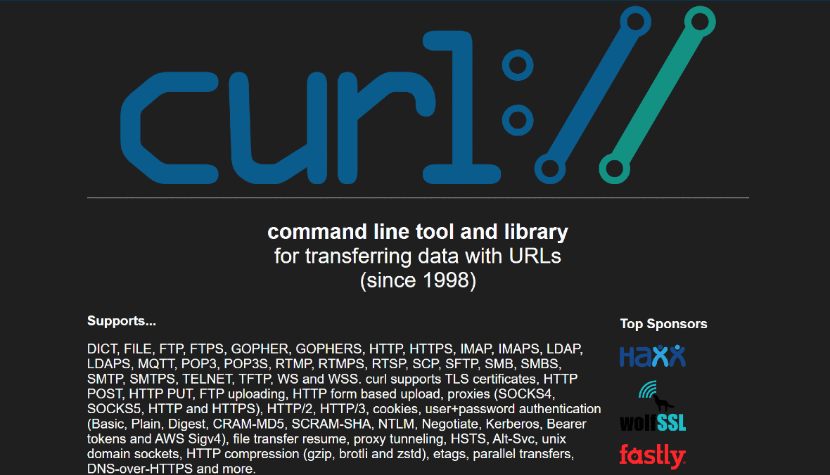 Screenshot of the homepage of curl, an open-source command line tool.
