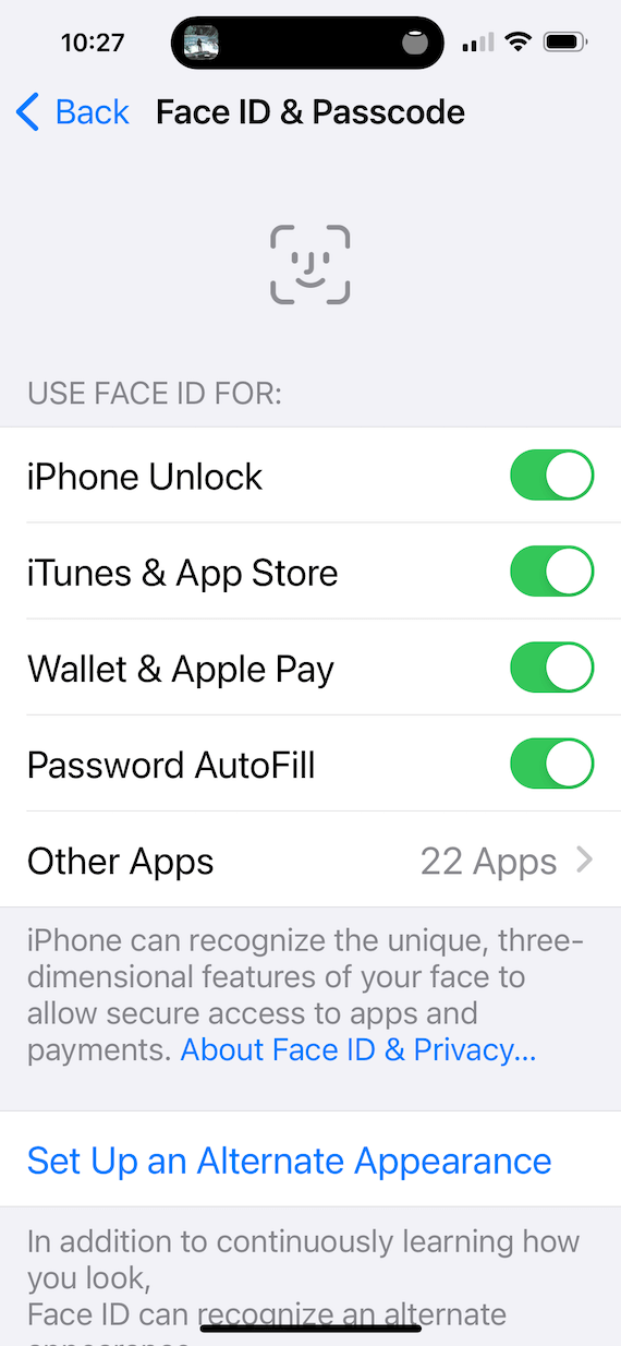 A screenshot of an iPhone's Face ID & Passcode screen.