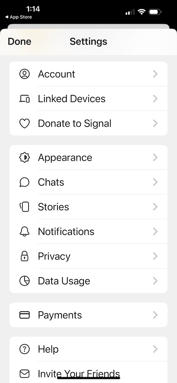 A screenshot of the Settings page in the Signal private messaging app.