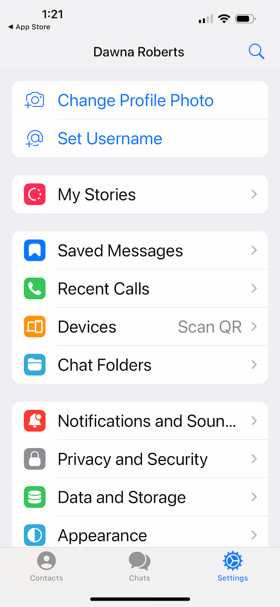 A screenshot of the Settings page in the Telegram private messaging app.
