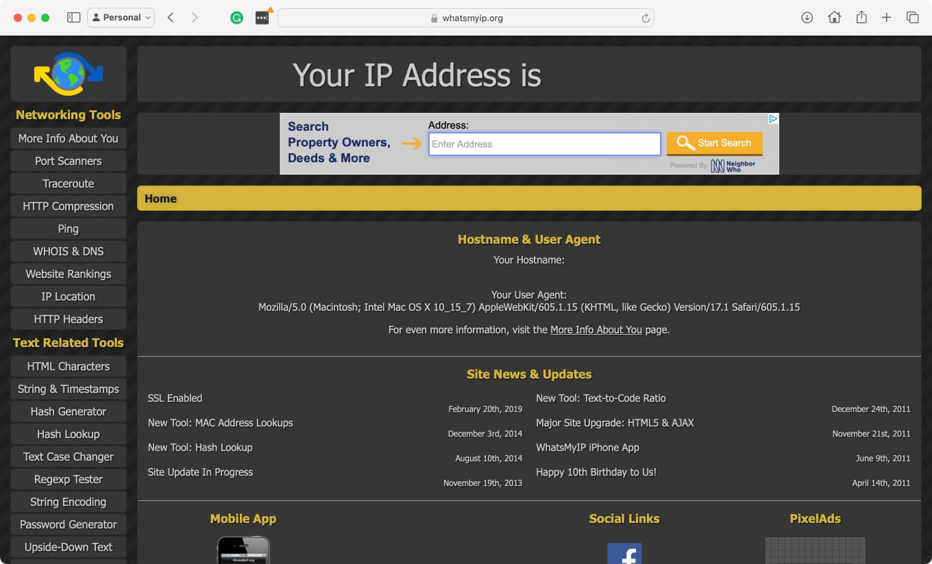 A screenshot of WhatsMyIP to check IP address.