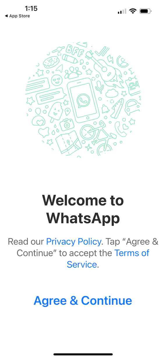 A screenshot of the Welcome screen on the WhatsApp private messaging app.