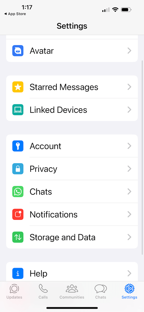 A screenshot of the Settings page in the WhatsApp private messaging app.