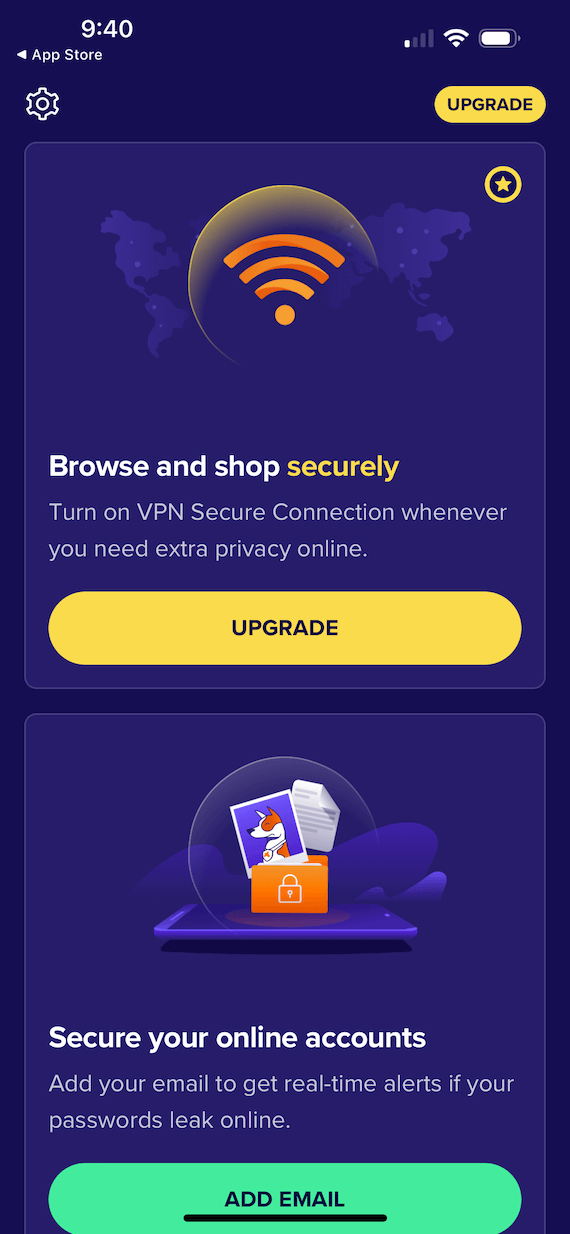 A screenshot of Avast security upgrade page for iPhone.